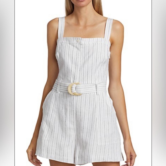 Jonathan Simkhai Yara Pinstripe Linen-Blend Belted Romper - Picture 1 of 3